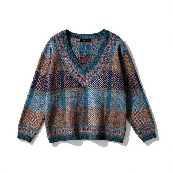 SKYR Sportswear 100% Shetland Wool V-Neck Sweater Multicolor Plaid Pattern -M - Picture 2 of 9